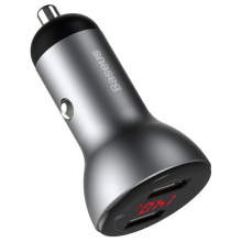 Автомобильное зарядное устройство Baseus Digital Display SCP 45W High Power (2USB) Silver, матовый серебристый