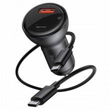 Автомобильное зарядное устройство Baseus Digital Display PPS 45W High Power (USB + Type-C) Gray + Кабель Type-C to Type-C 60W (20V/3А) 1 м чёрный