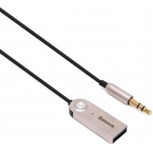 AUX-stereo (HiFi-sound) Bluetooth-аудиоадаптер Baseus Elegance Silver + громкая связь Hands Free c микрофоном, чёрный кабель (CABA01-01)