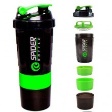 Шейкер Spider Bottle Pro Black Style двухкамерный трехсекционный с защитой от протекания 500 мл для спортивного питания c зелёной клик-клипсой Шейкер Spider Bottle Pro Black Style двухкамерный трехсекционный с защитой от протекания 500 мл для спортивного питания c зелёной клик-клипсой